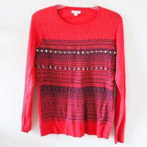Merona Women's Crew Neck Red Patterned Sweater